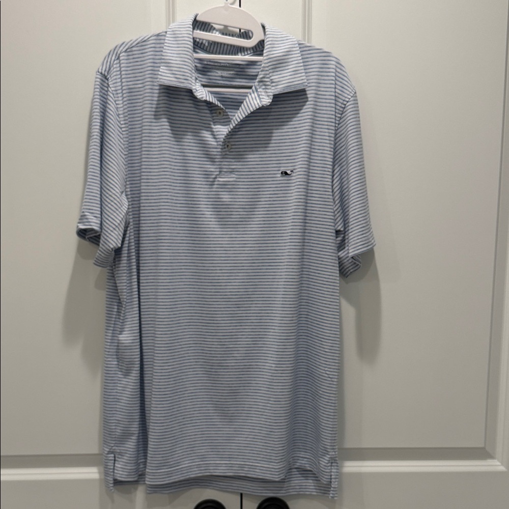 Vineyard Vines Men’s Performance Polo, White & Heathered Blue Striped, Large